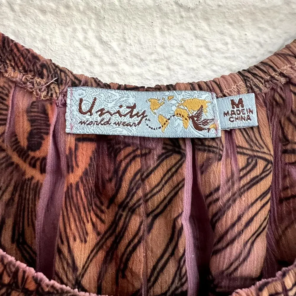 UNITY WORLD WEAR Women's M Babydoll Pink Mix Media Print Tunic Blouse Y2k Sheer - Picture 4 of 5